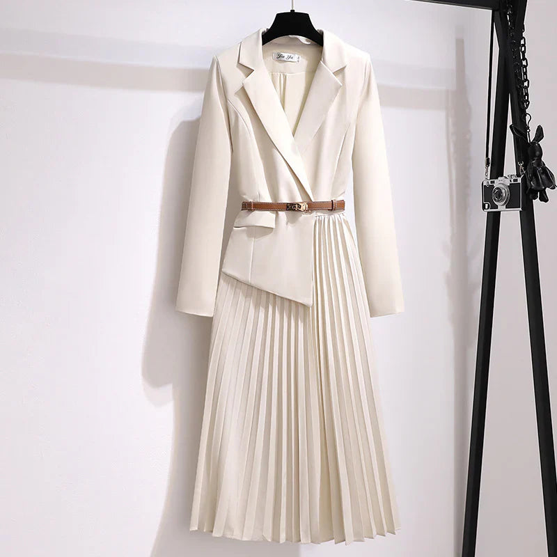 Women’s Pleated Blazer Dress Belted Long Sleeve