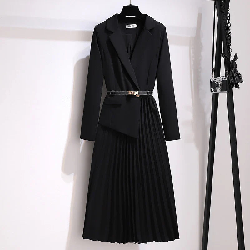Women’s Pleated Blazer Dress Belted Long Sleeve