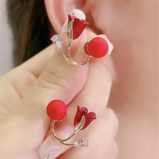 Korean Red Rose Stud Earring Fashion Imitation Pearl Flower Earrings - Sprint Moda