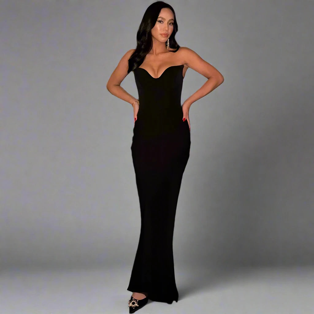 Black Sexy V-neck Fit Bodycon Wrap Hip Maxi Dress - Sprint Moda