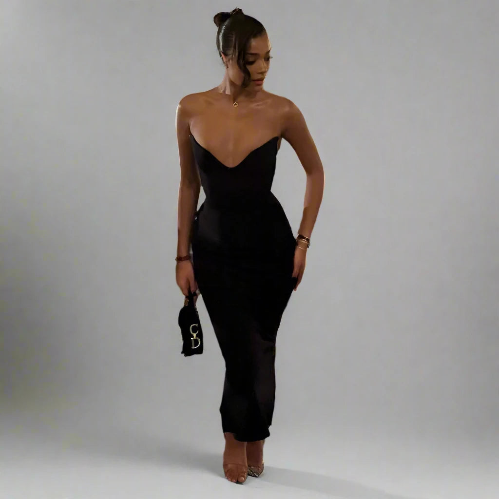 Black Sexy V-neck Fit Bodycon Wrap Hip Maxi Dress - Sprint Moda