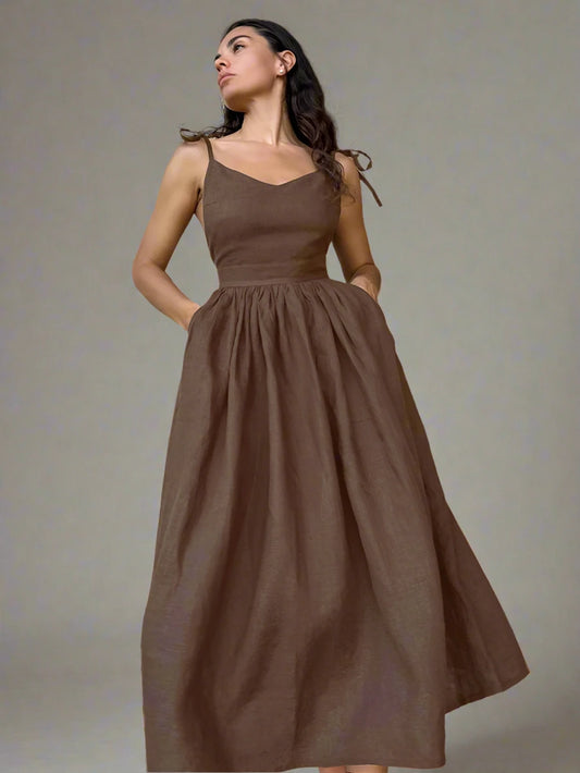 Elegant Brown Linen A-Line Dress| Sprint Moda - Sprint Moda