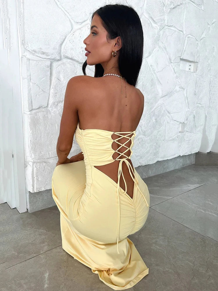 Strapless Backless Lace-Up Maxi Off-Shoulder Dress|Sprint Moda - Sprint Moda