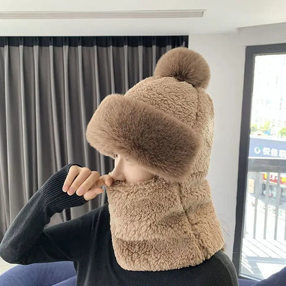 Winter Scarf All-In-One Hat, Children's Plush Thickened One-Piece Hood, Cycling Windproof, Face And Ear Protection, Warm Hat