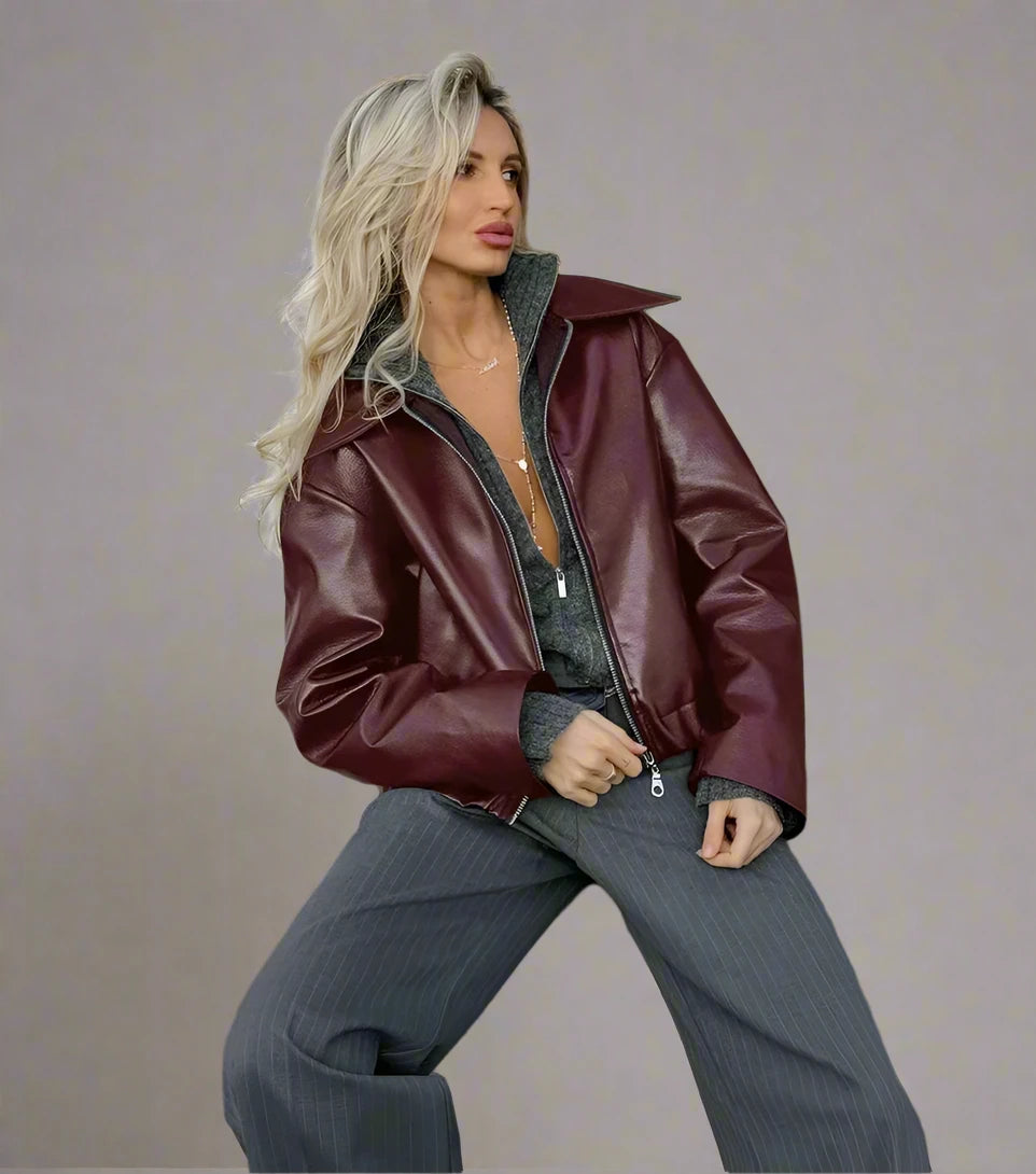 Thick PU Leather Lapel Jacket for Women| Sprint Moda - Sprint Moda