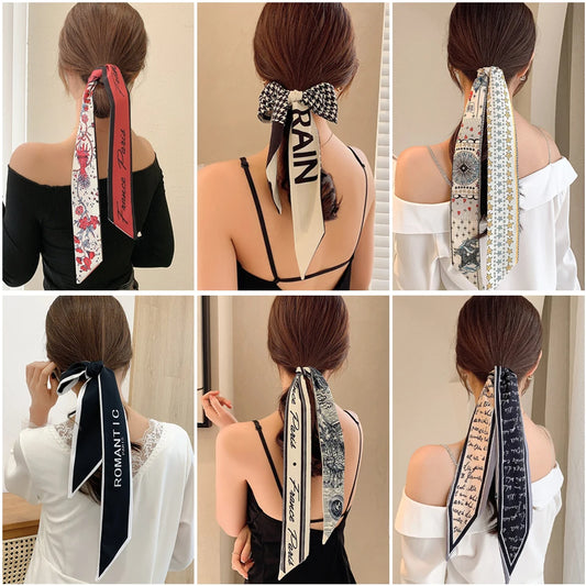 New Fashion Silk Scarf Hair Band Long Ribbon Bow Korean Printing Letter Hair Scarf Women Ponytail Holder Hair Accessories - Sprint Moda