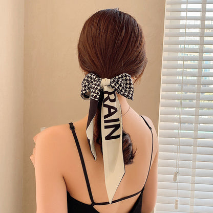 New Fashion Silk Scarf Hair Band Long Ribbon Bow Korean Printing Letter Hair Scarf Women Ponytail Holder Hair Accessories