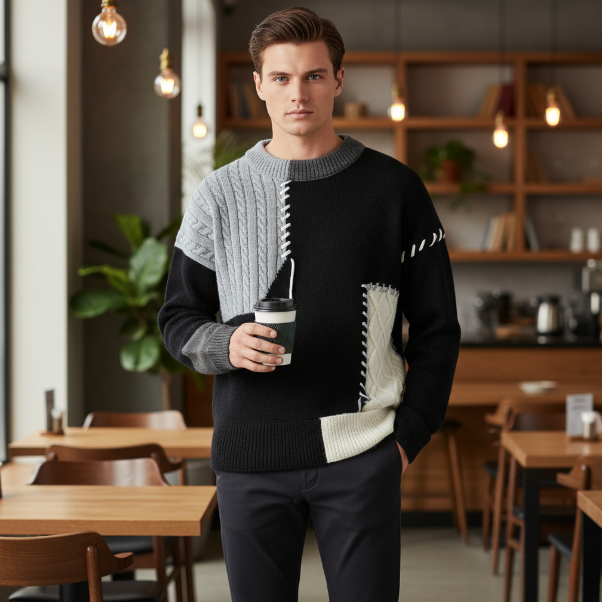 Ręcznie Robiona Sweter z Funky Patchworkiem