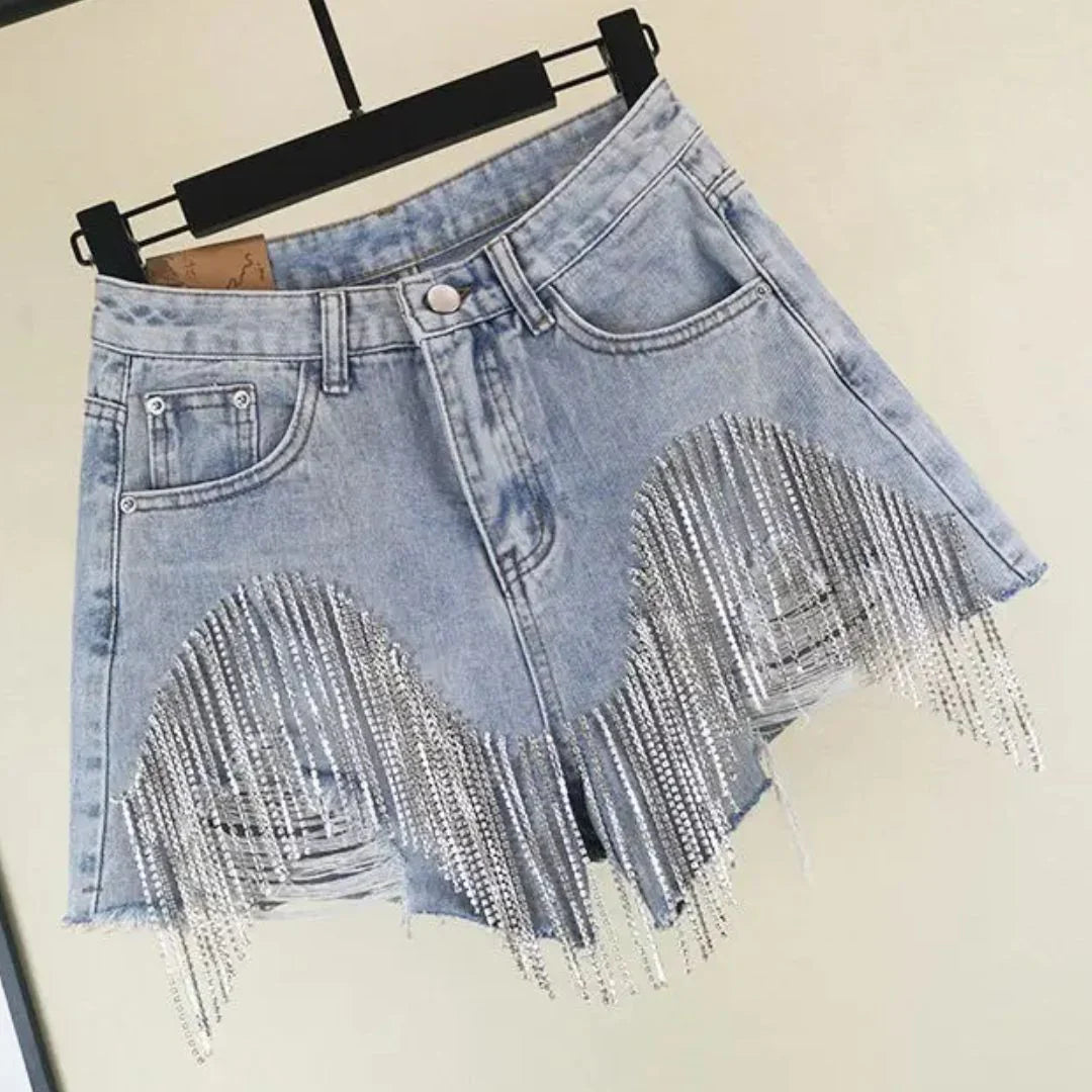 High Waisted Denim Shorts Distressed Rhinestone Summer