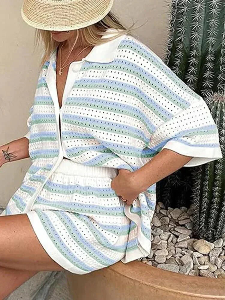 Striped Two Piece Set Top And Shorts Summer