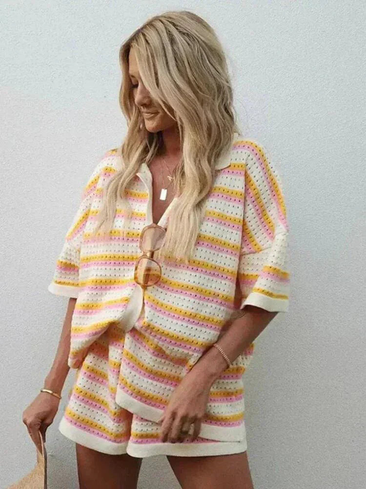 Striped Two Piece Set Top And Shorts Summer
