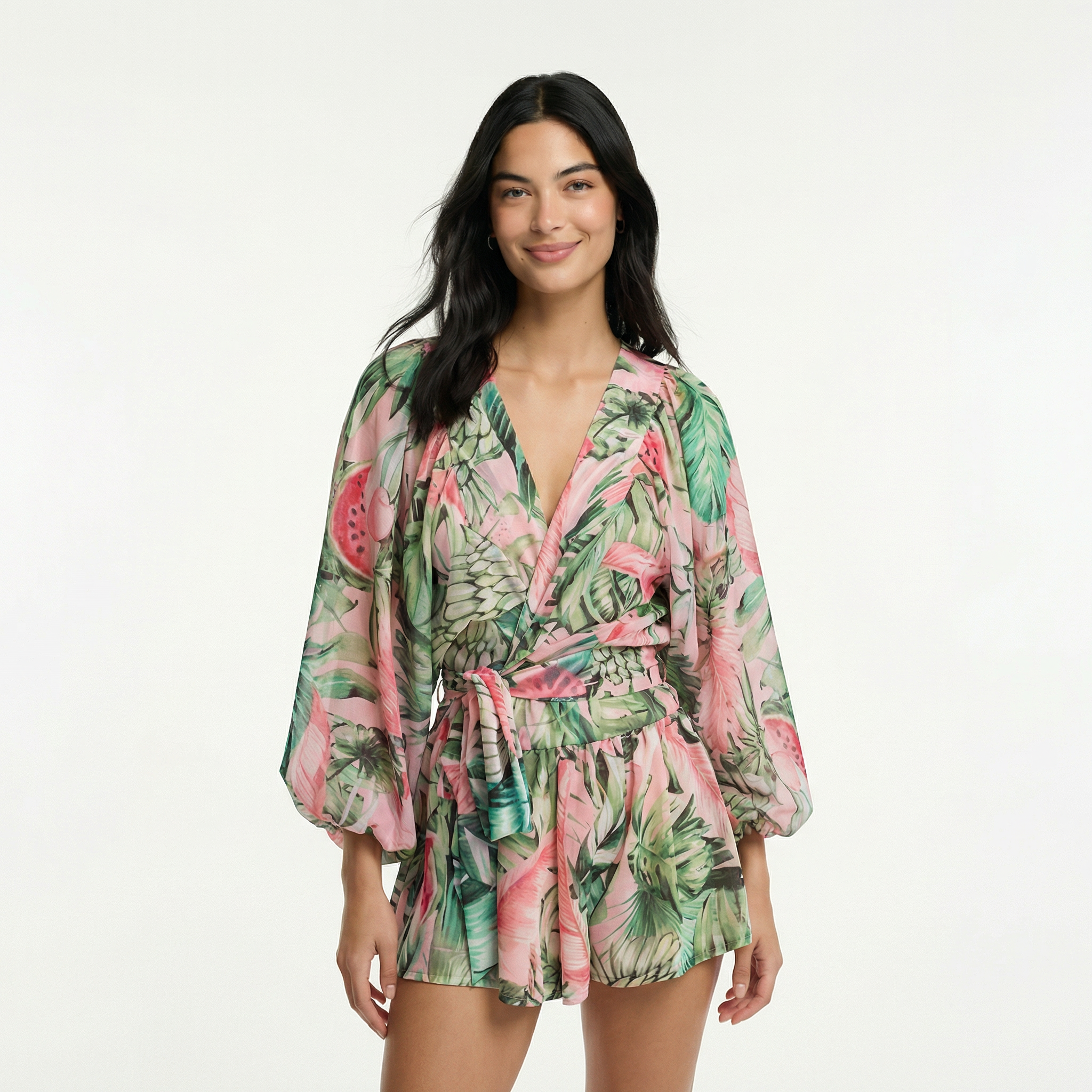 Dwuczęściowy komplet kopertowy – wiązanie w talii, luźny krój, długi rękaw