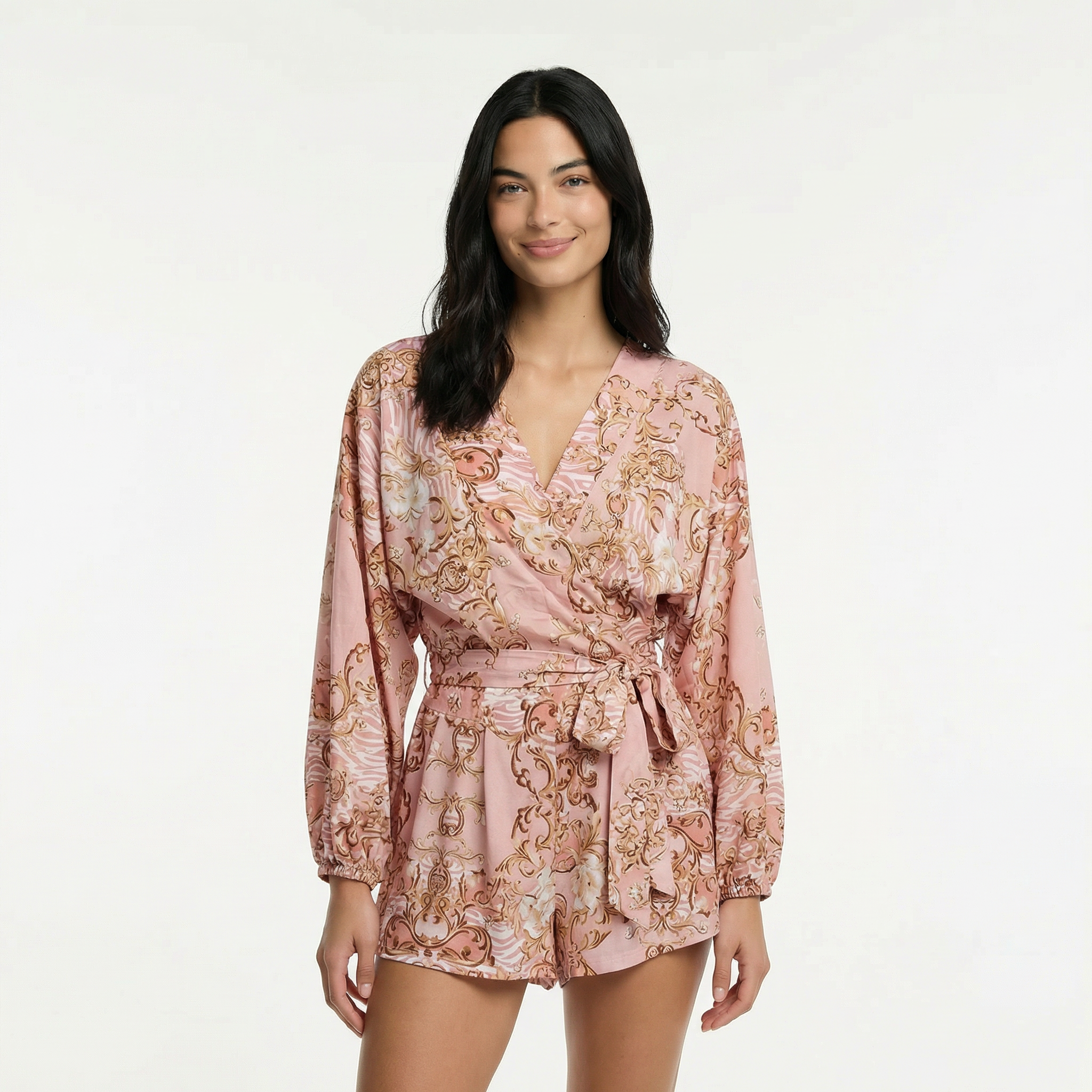 Dwuczęściowy komplet kopertowy – wiązanie w talii, luźny krój, długi rękaw