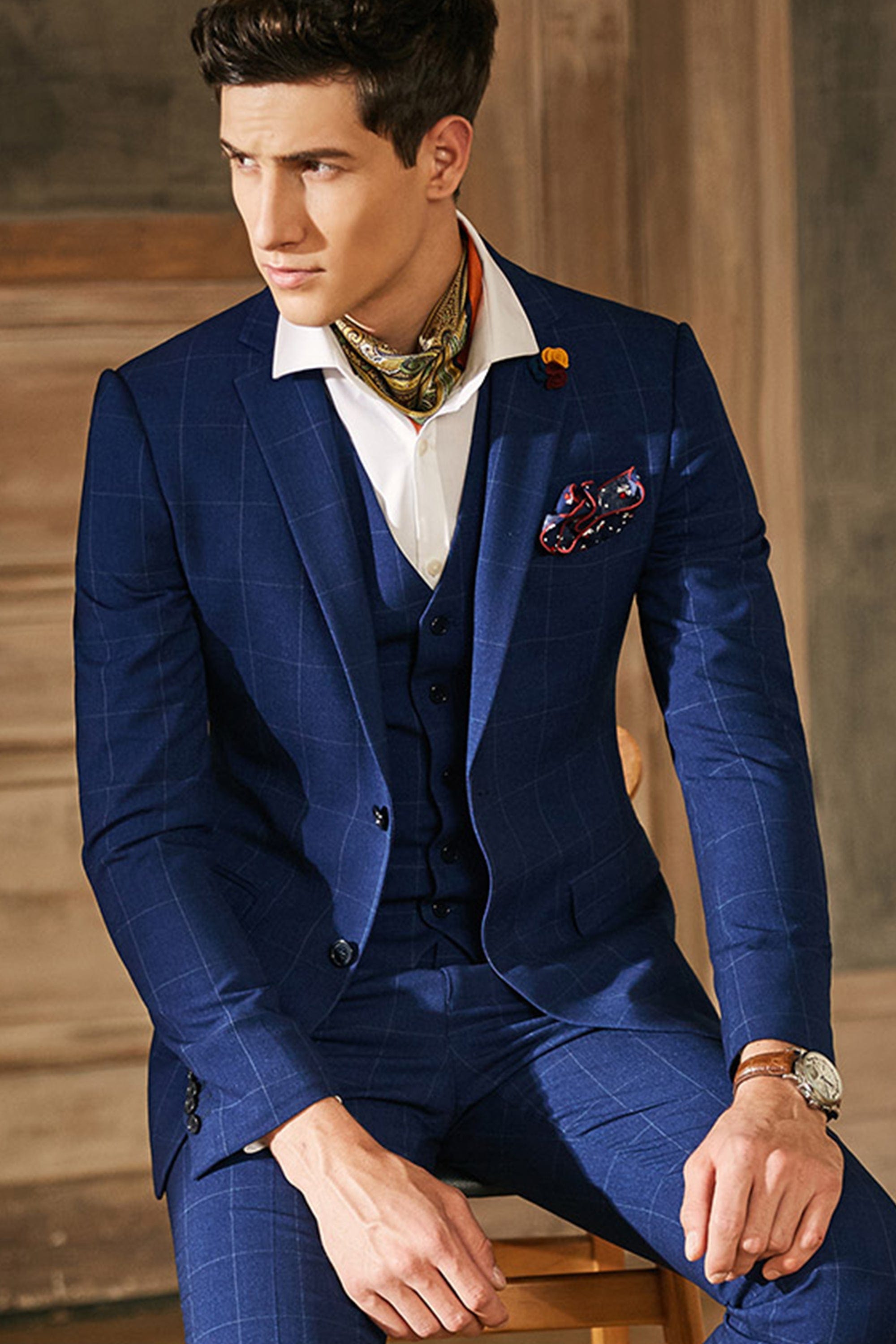 Plaid Single Breasted Slim Fit Wedding Business 3 Piece Suit Blazer Vest Trousers