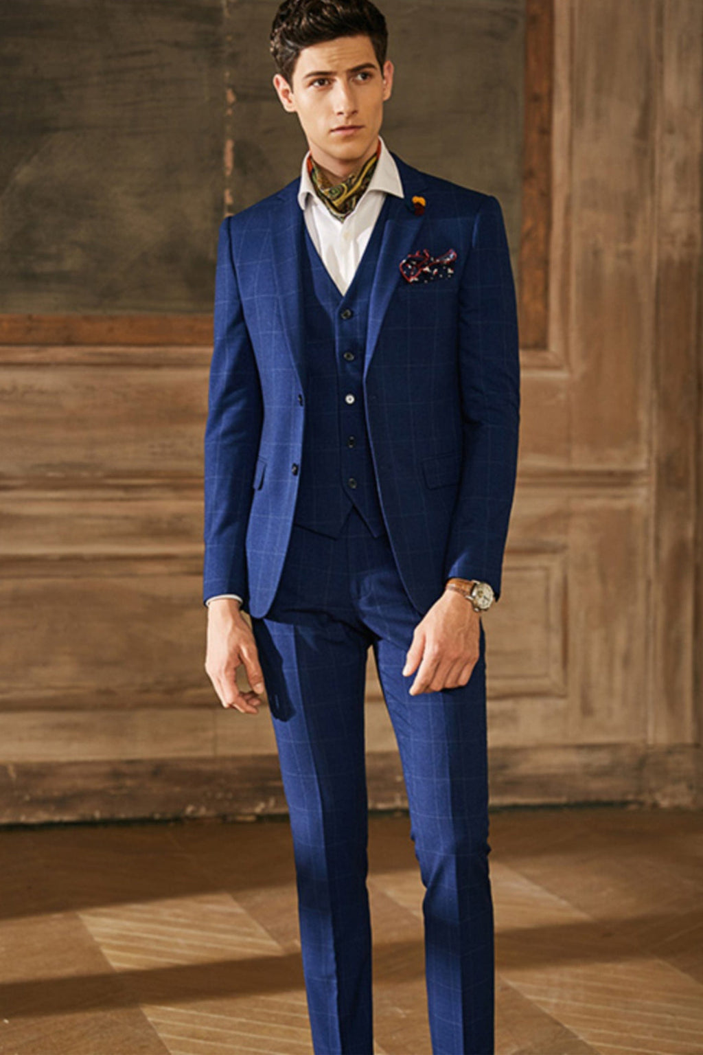 Plaid Single Breasted Slim Fit Wedding Business 3 Piece Suit Blazer Vest Trousers