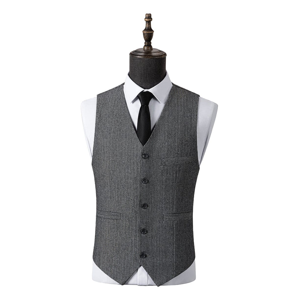 Herringbone Peak Lapel Business 3 Piece Suit Blazer Vest Trousers