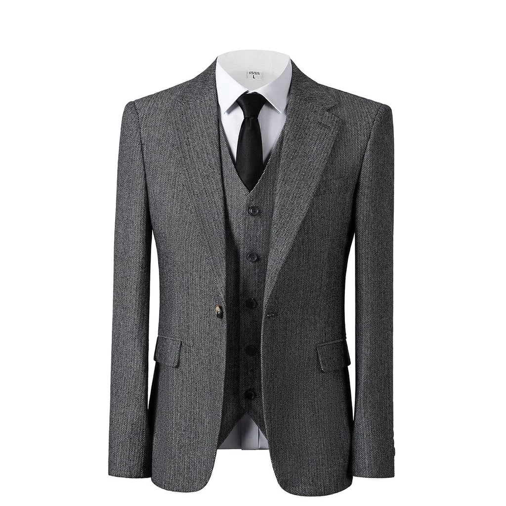 Herringbone Peak Lapel Business 3 Piece Suit Blazer Vest Trousers
