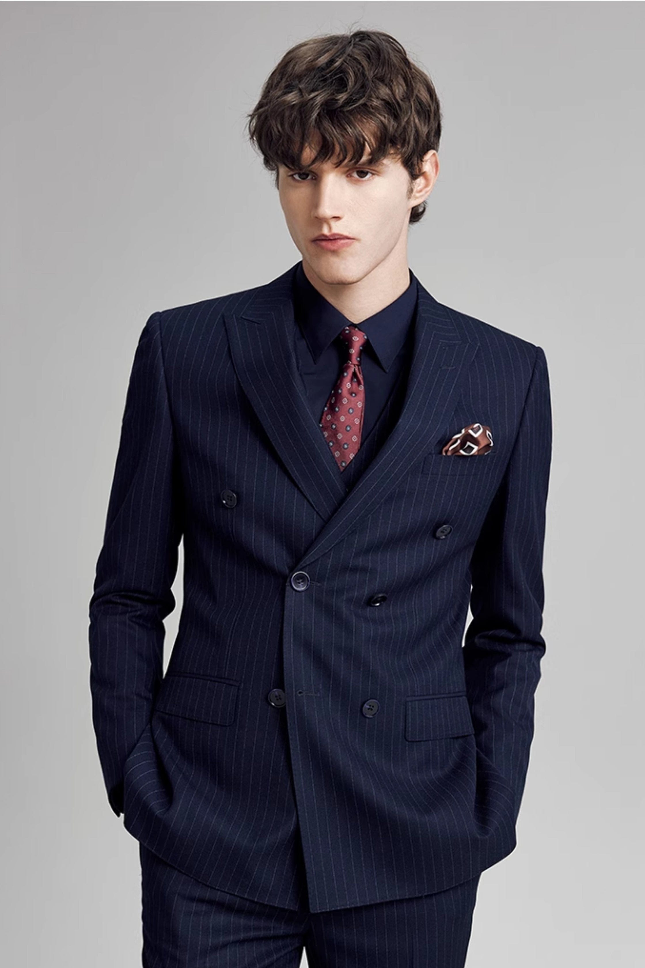Striped Double Breasted Slim Fit Wedding Business 3 Piece Suit Blazer Vest Trousers