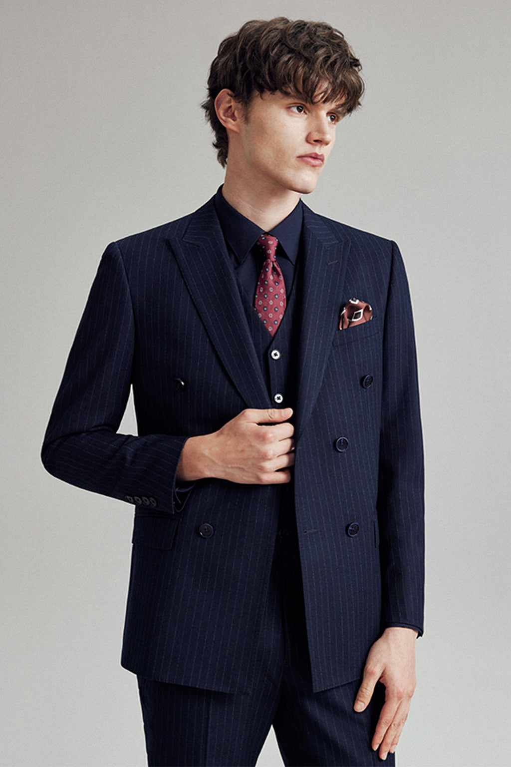 Striped Double Breasted Slim Fit Wedding Business 3 Piece Suit Blazer Vest Trousers