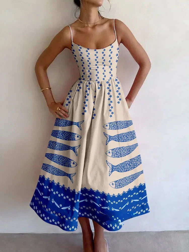 Artistic Fish Floral Print Sleeveless Halter Midi Dress