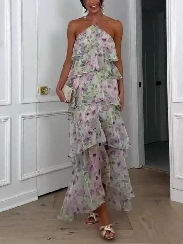 Elegant Halter Neck Floral Ruffle Backless Maxi Dress