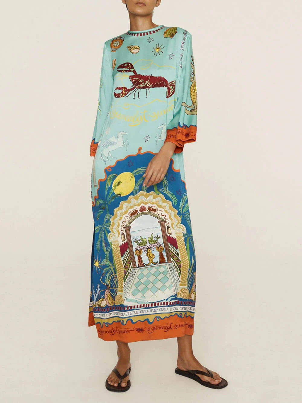 Blue Satin Long Sleeve Lobster Floral Maxi Dress