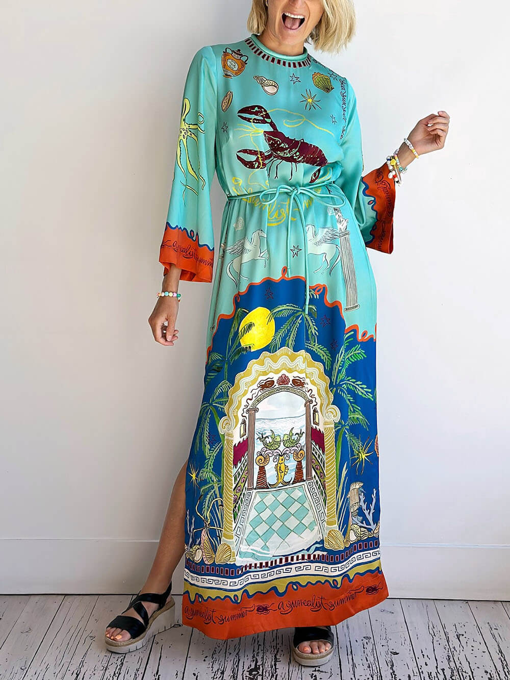 Blue Satin Long Sleeve Lobster Floral Maxi Dress