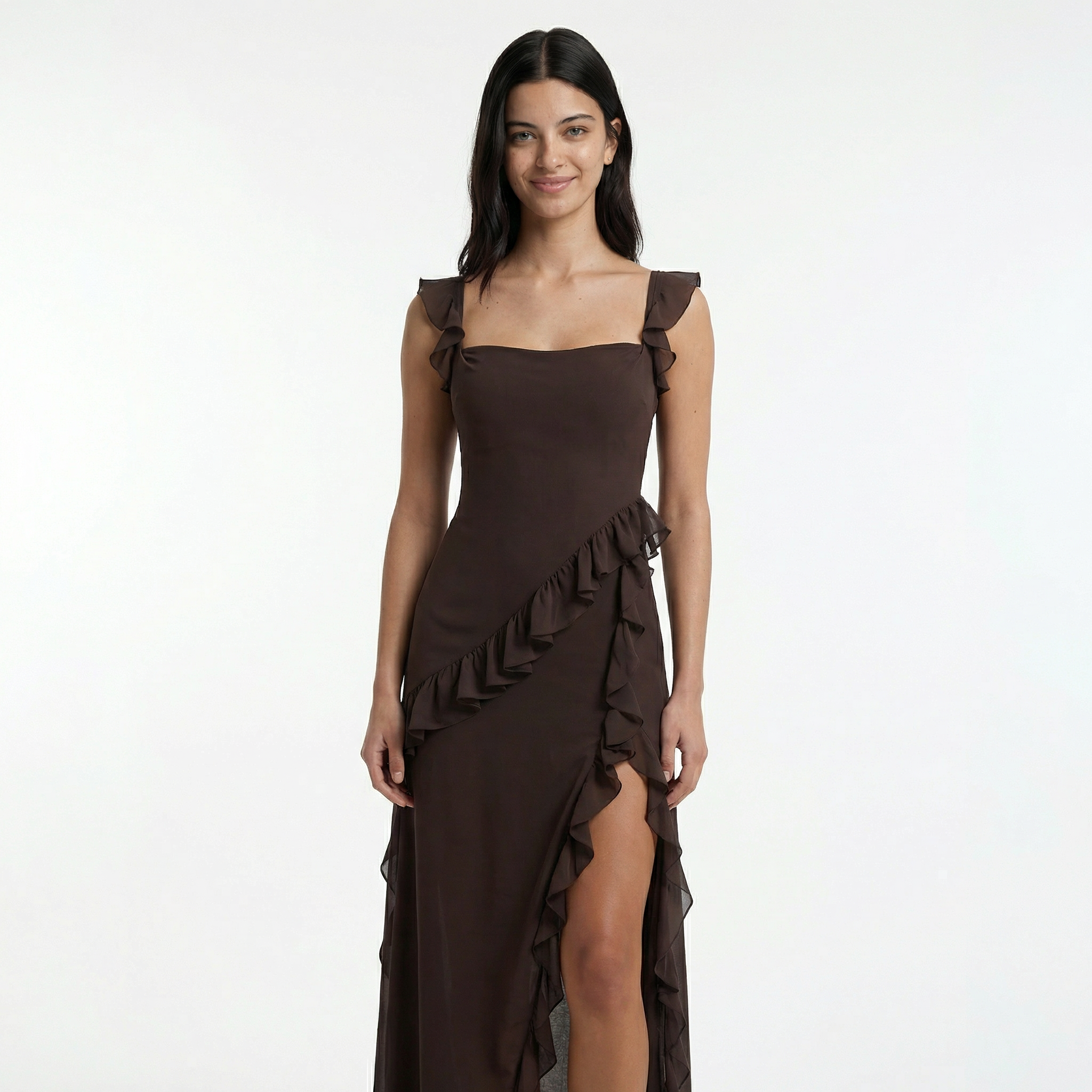 Women's Ruffle Maxi Dress Front Slit Evening Summer