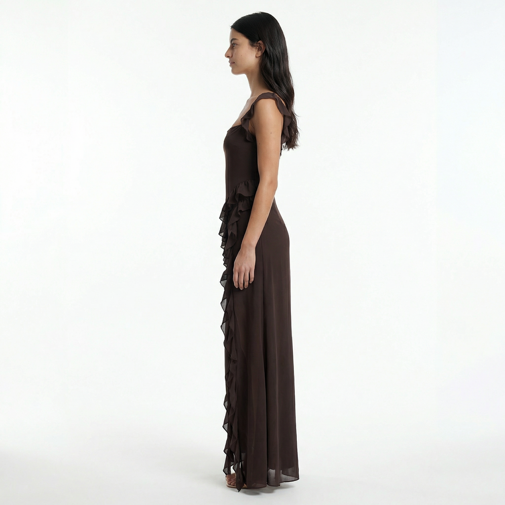 Women's Ruffle Maxi Dress Front Slit Evening Summer