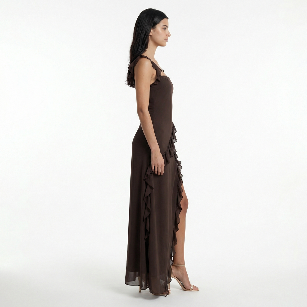Women's Ruffle Maxi Dress Front Slit Evening Summer