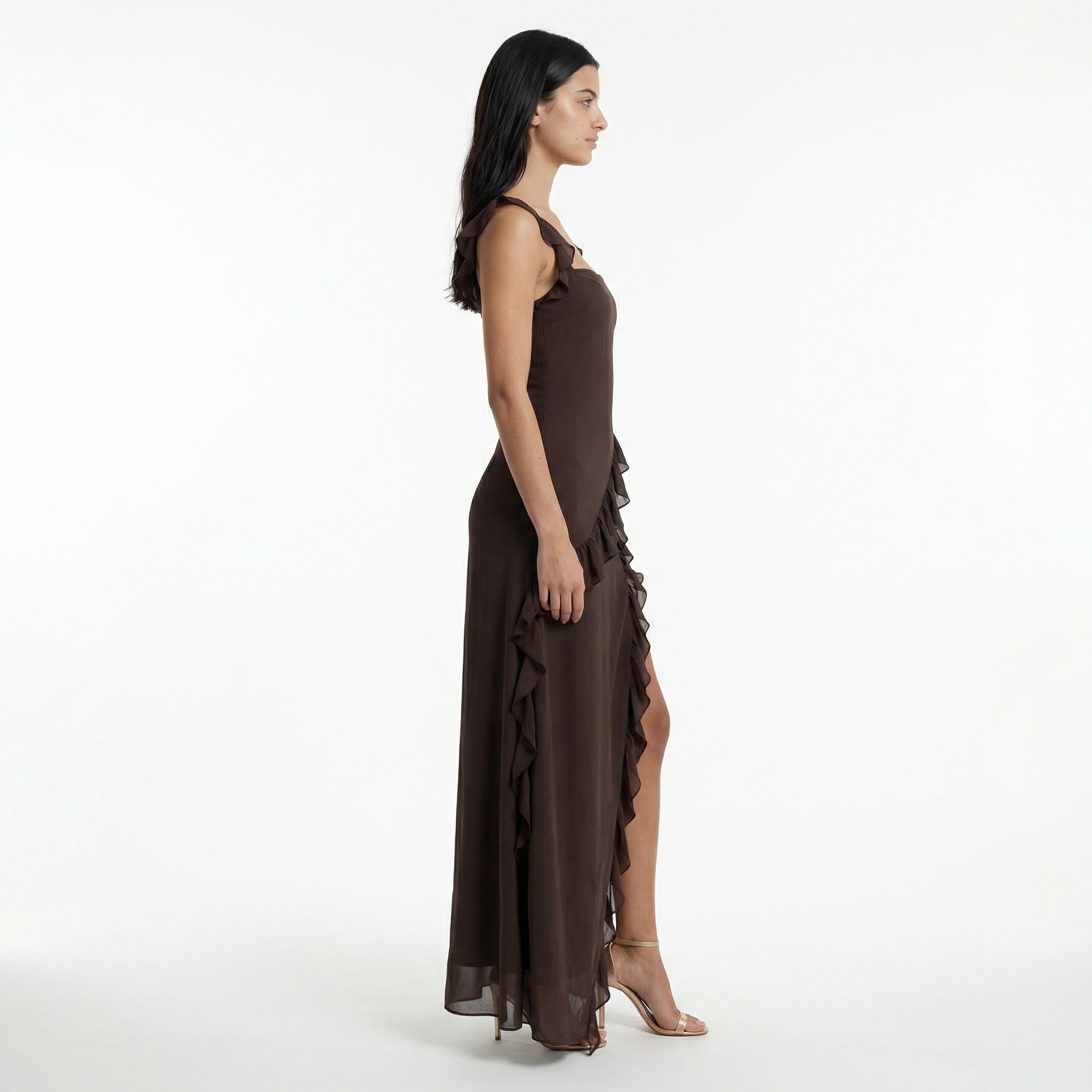 Women's Ruffle Maxi Dress Front Slit Evening Summer