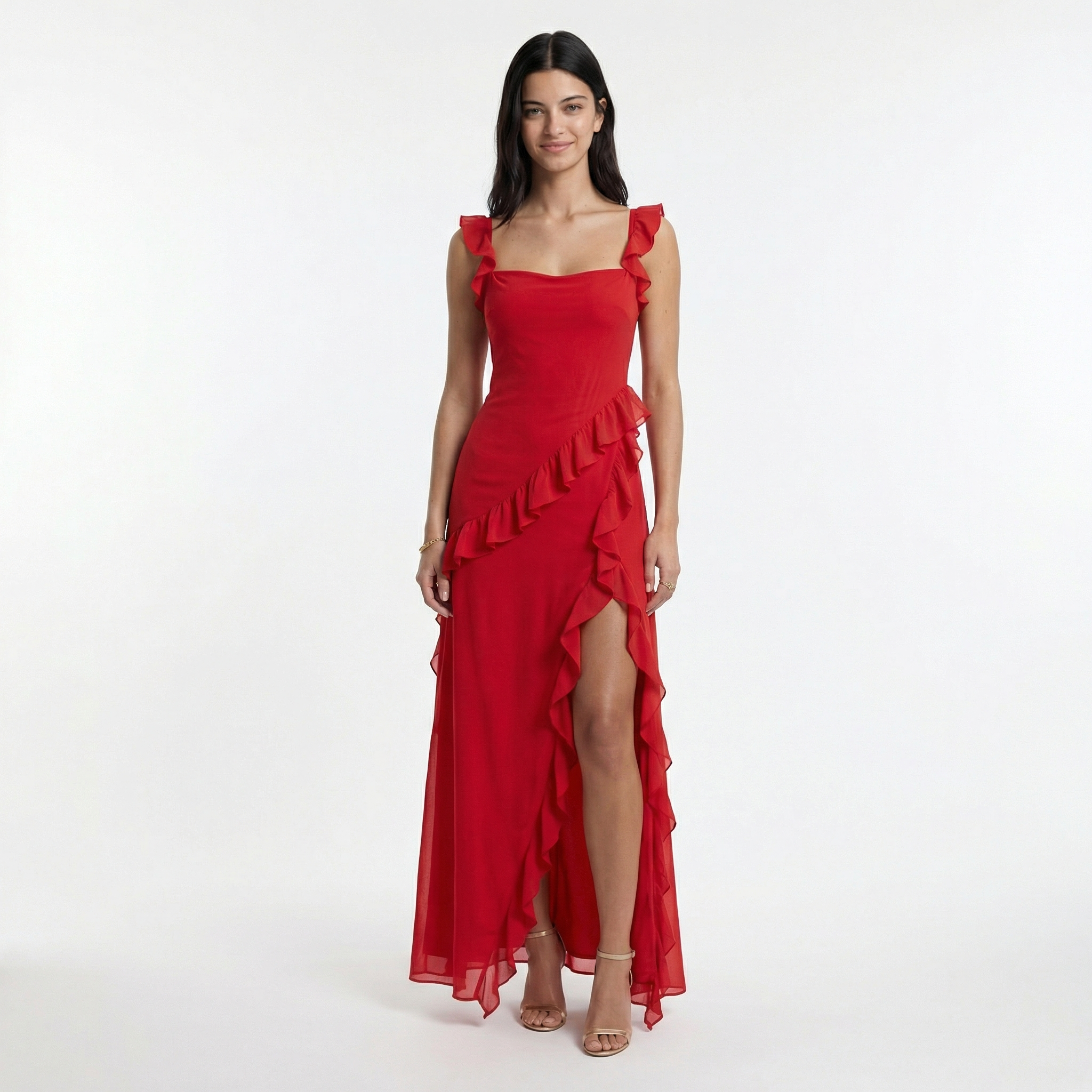 Women's Ruffle Maxi Dress Front Slit Evening Summer