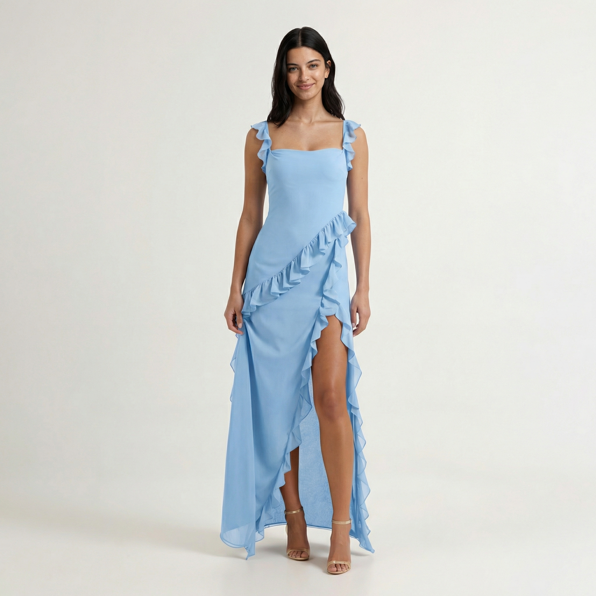 Women's Ruffle Maxi Dress Front Slit Evening Summer