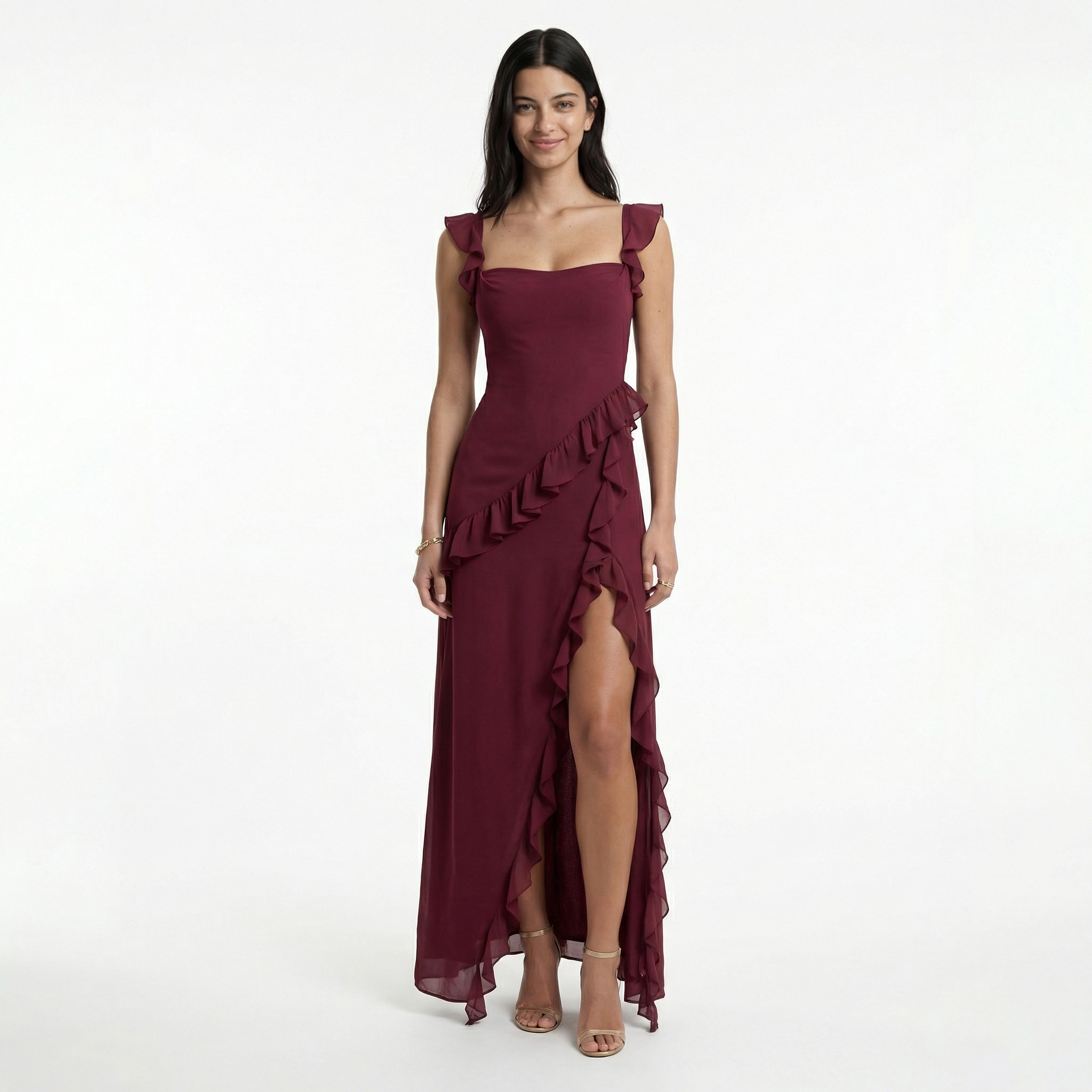 Women's Ruffle Maxi Dress Front Slit Evening Summer