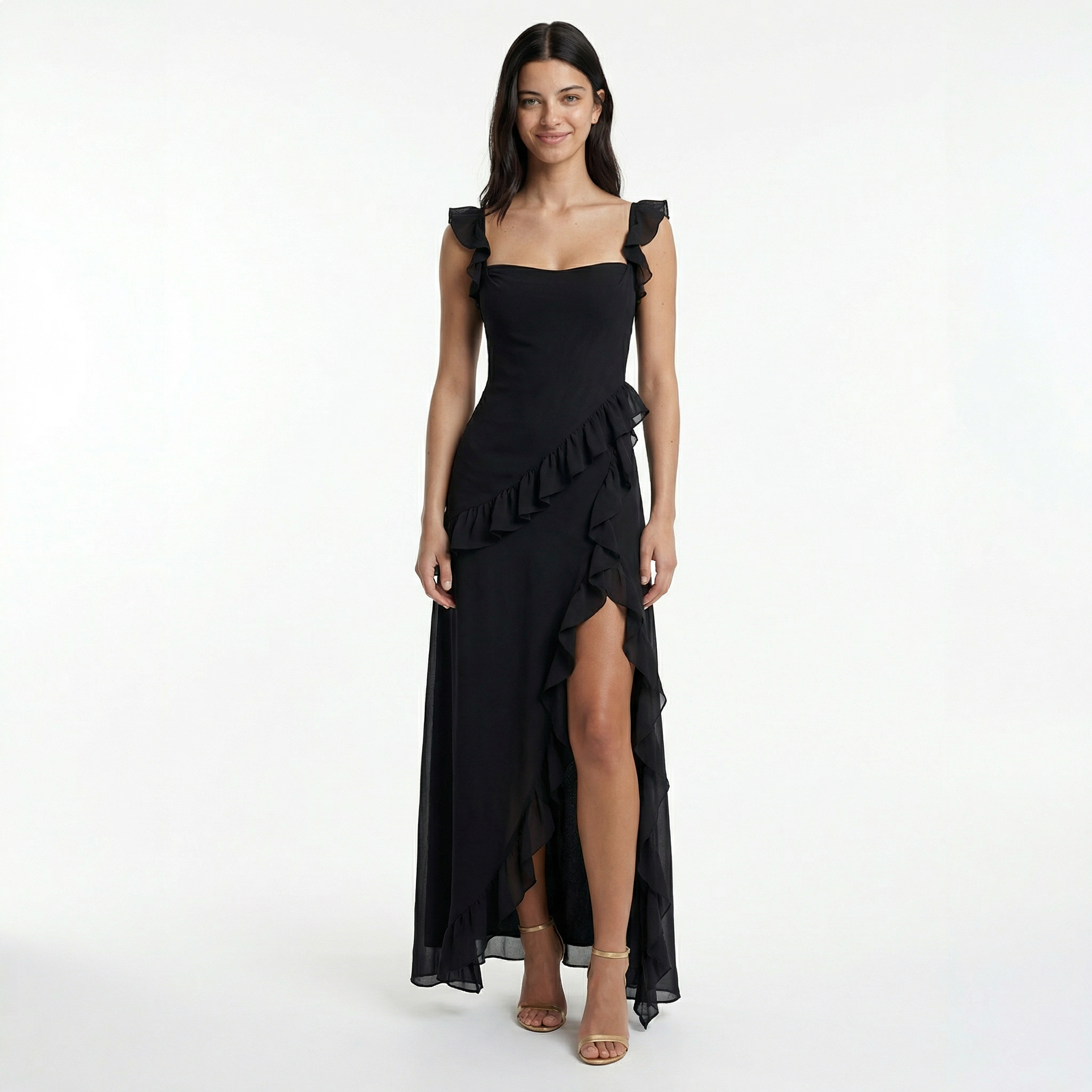 Women's Ruffle Maxi Dress Front Slit Evening Summer