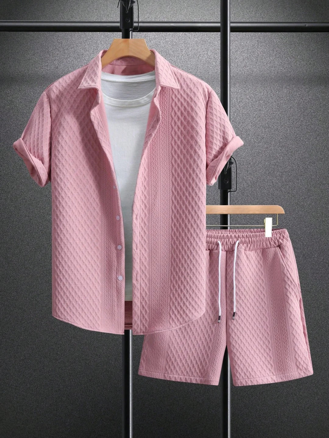 Męski casualowy zestaw letni dwuczęściowy – koszula z klapami, szorty ze sznurkiem w pasie, krótki rękaw