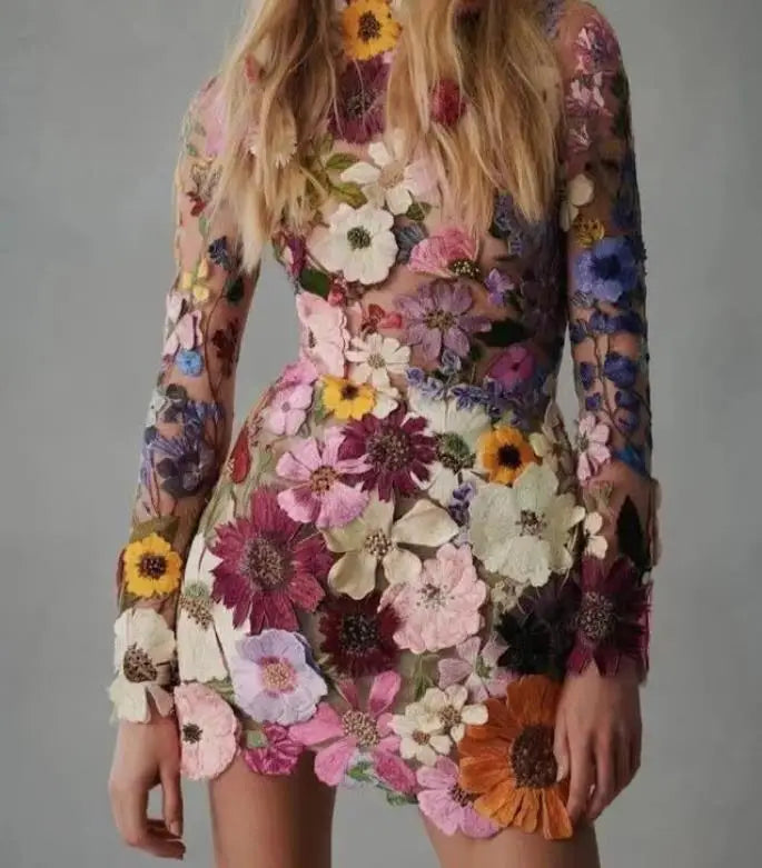 Elegant 3D Floral Embroidery Sleeveless High Neck Dress