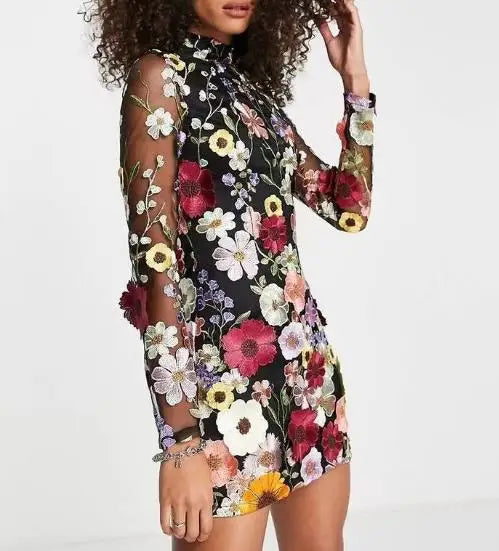 Elegant 3D Floral Embroidery Sleeveless High Neck Dress