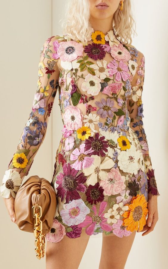 Elegant 3D Floral Embroidery Sleeveless High Neck Dress