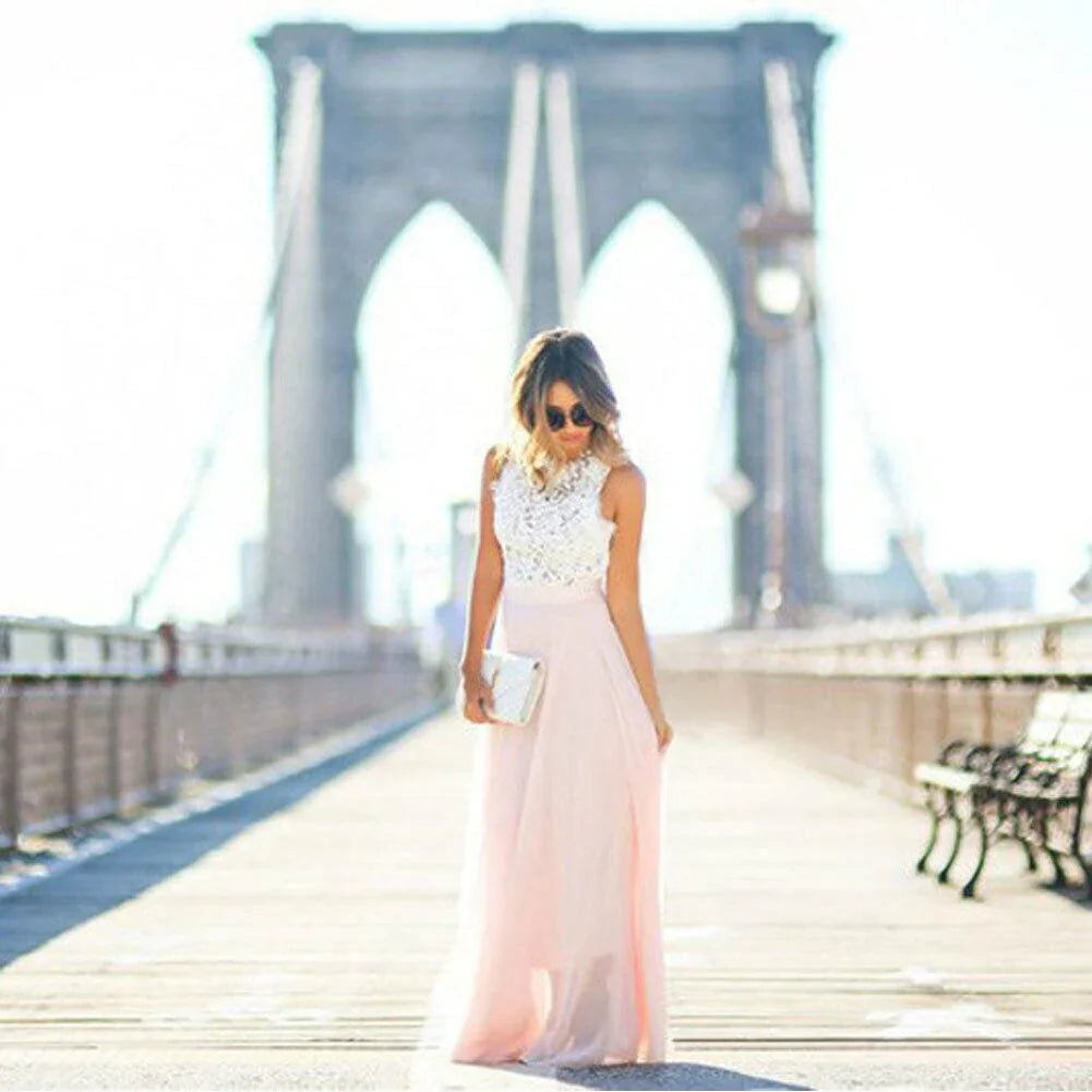 Women’s High Neck Long Lace and Veil Dress
