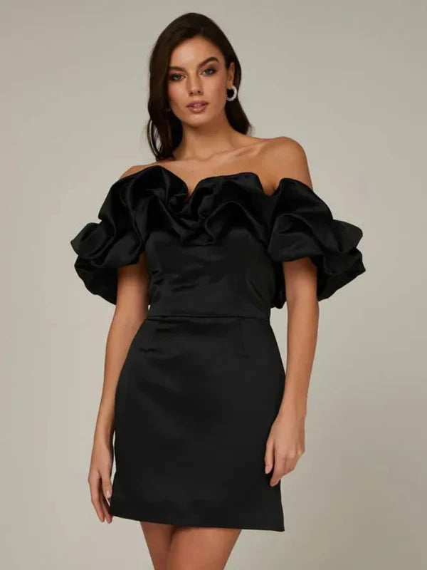 Elegant Ruffled Off-Shoulder Satin Mini Dress