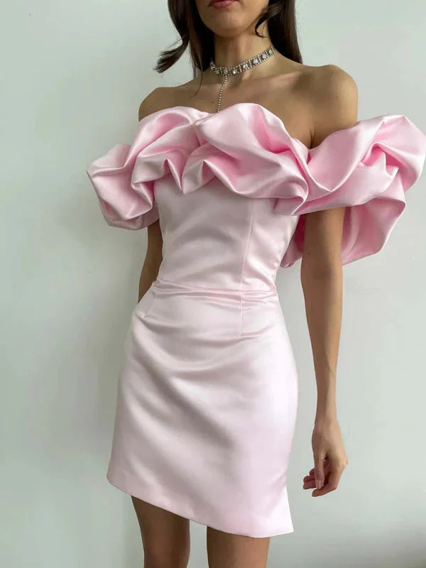 Elegant Ruffled Off-Shoulder Satin Mini Dress