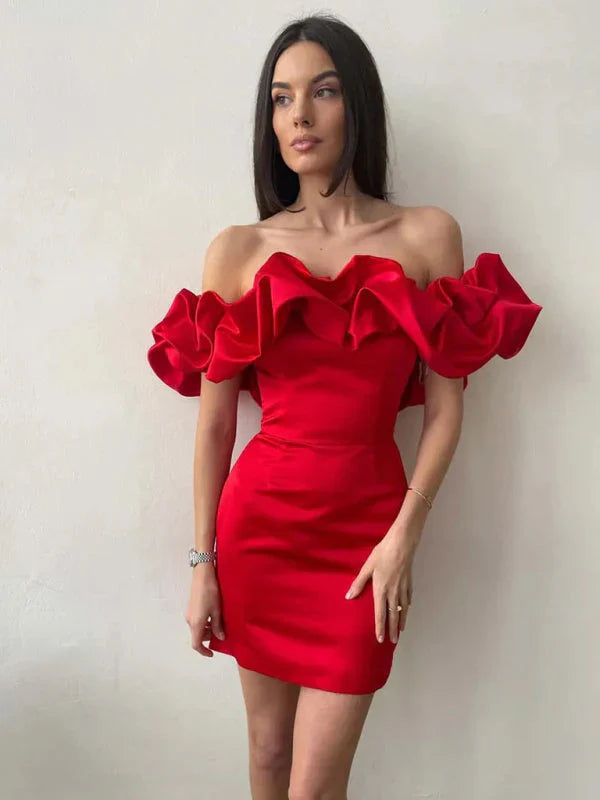 Elegant Ruffled Off-Shoulder Satin Mini Dress