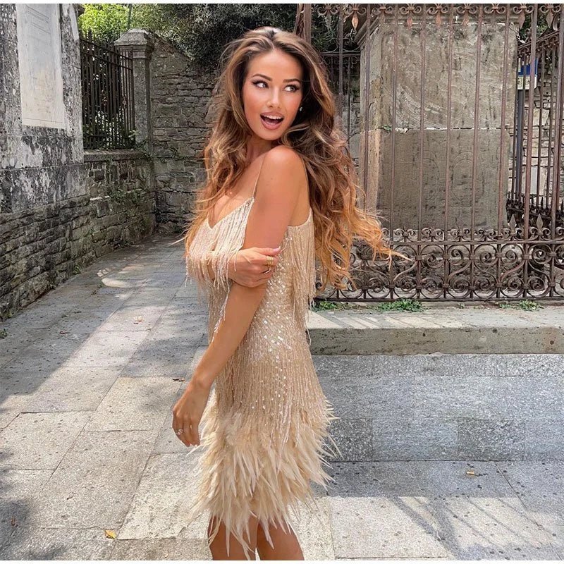 Stylish Sequin Feather Trim Cocktail Dress