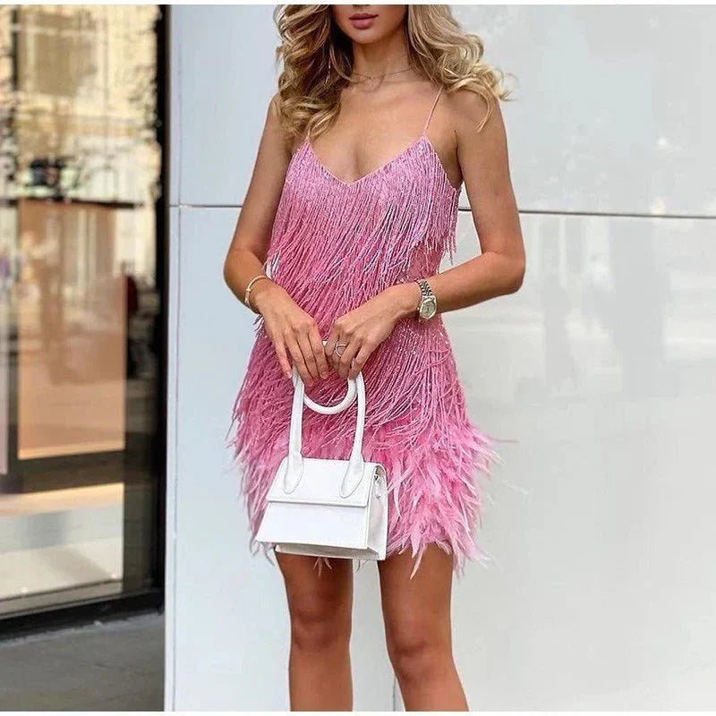 Stylish Sequin Feather Trim Cocktail Dress